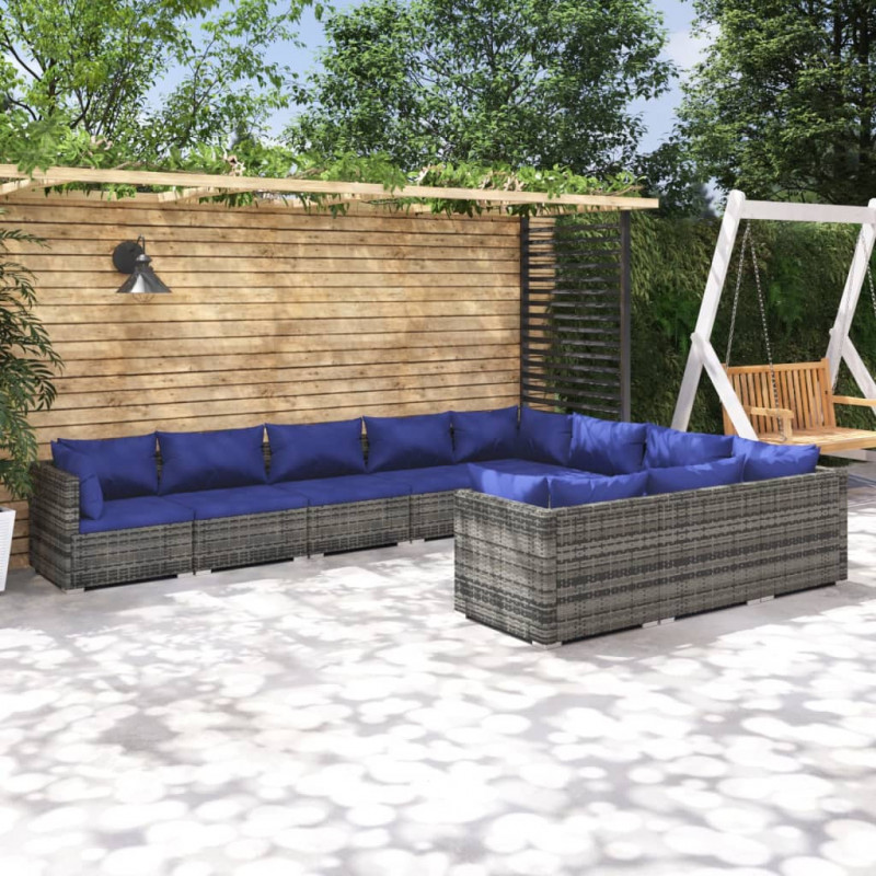 10-tlg. Garten-Lounge-Set mit Kissen Poly Rattan Grau