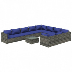 11-tlg. Garten-Lounge-Set mit Kissen Poly Rattan Grau