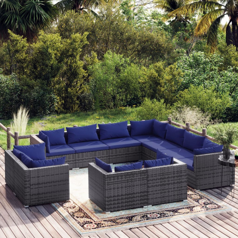 11-tlg. Garten-Lounge-Set mit Kissen Grau Poly Rattan