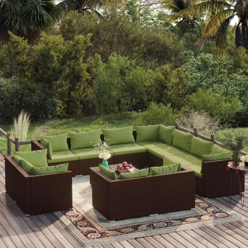 12-tlg. Garten-Lounge-Set mit Kissen Braun Poly Rattan