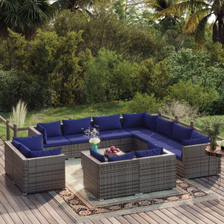 12-tlg. Garten-Lounge-Set mit Kissen Grau Poly Rattan