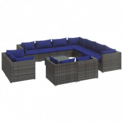 12-tlg. Garten-Lounge-Set mit Kissen Grau Poly Rattan