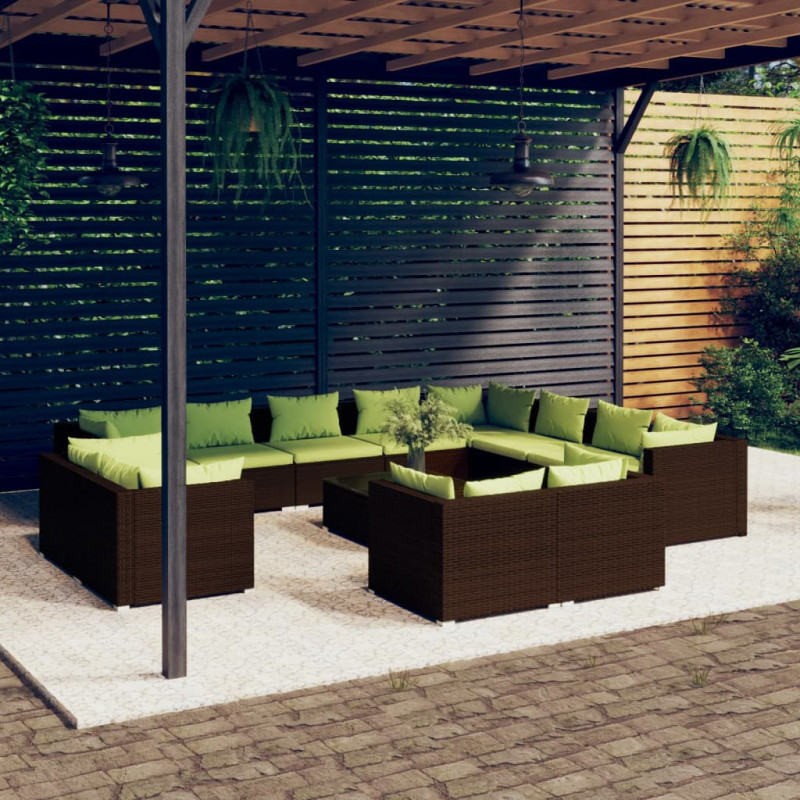 13-tlg. Garten-Lounge-Set mit Kissen Braun Poly Rattan