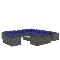 14-tlg. Garten-Lounge-Set mit Kissen Grau Poly Rattan