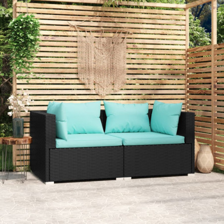 2-Sitzer-Sofa mit Kissen Schwarz Poly Rattan