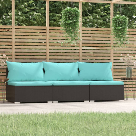 3-Sitzer-Sofa mit Auflagen Schwarz Poly Rattan