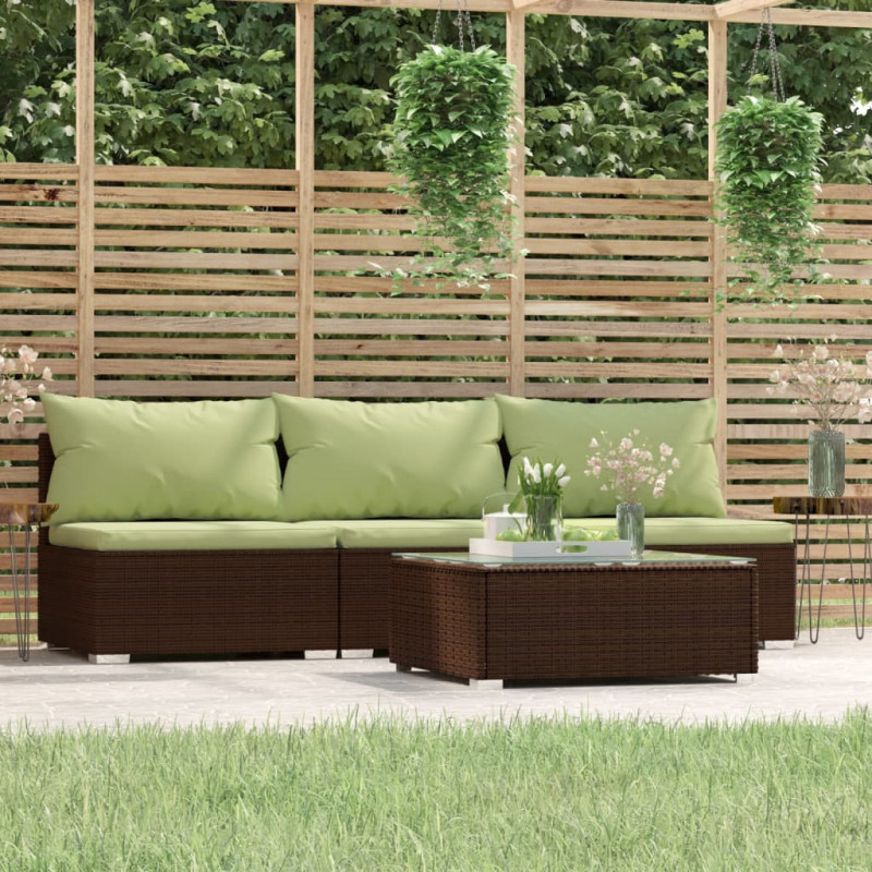 4-tlg. Garten-Lounge-Set mit Kissen Braun Poly Rattan