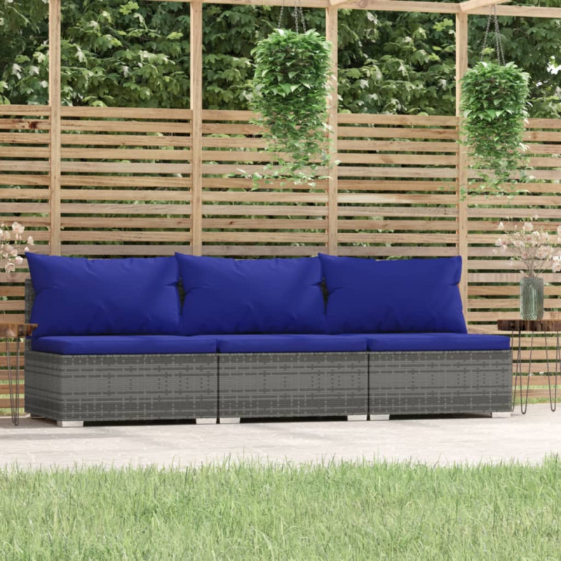 3-Sitzer-Sofa mit Kissen Grau Poly Rattan