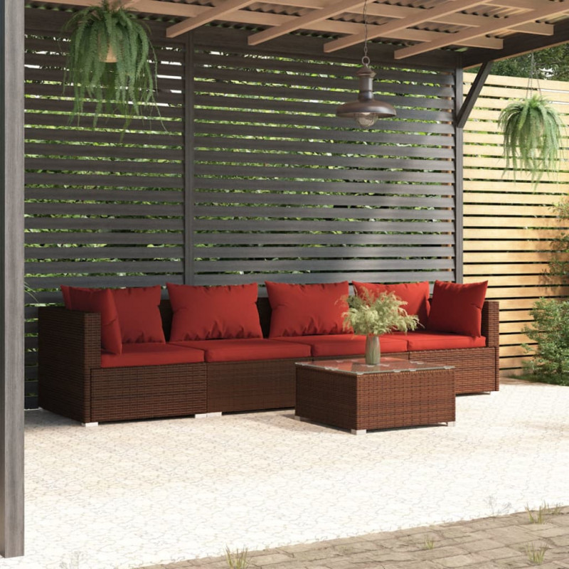 5-tlg. Garten-Lounge-Set mit Kissen Poly Rattan Braun