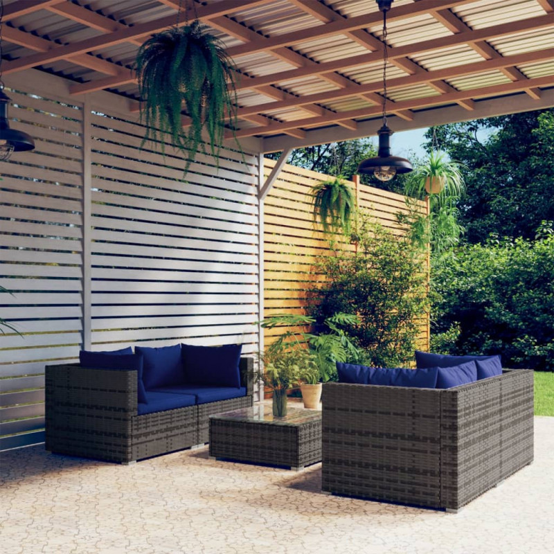 5-tlg. Garten-Lounge-Set mit Kissen Poly Rattan Grau