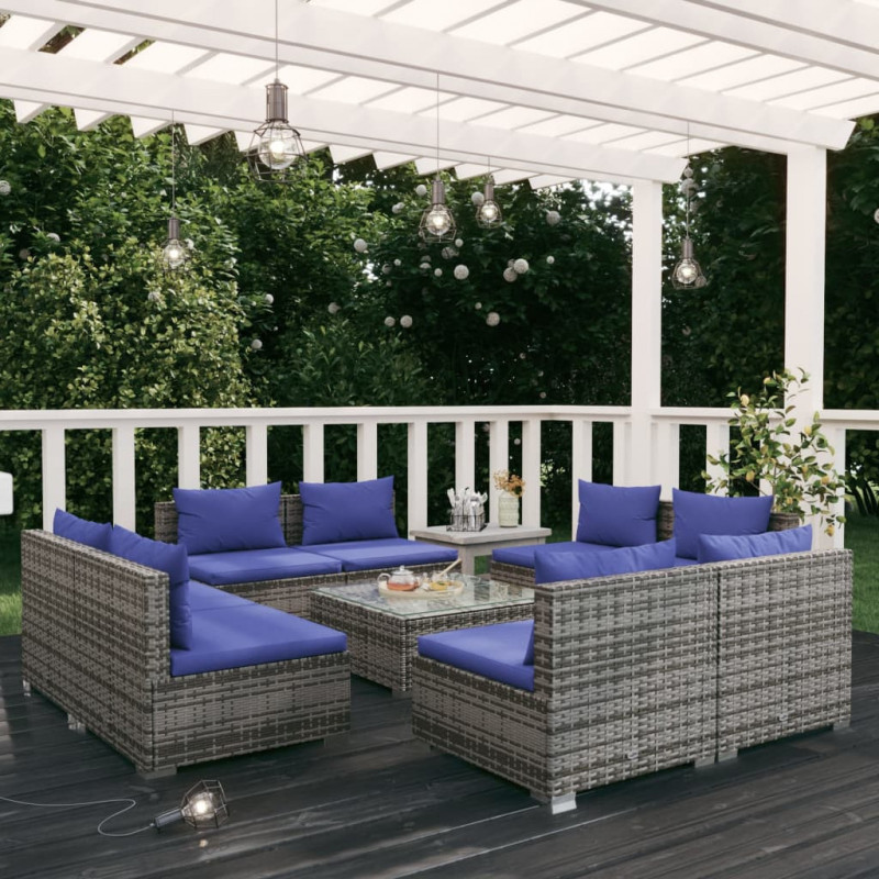 9-tlg. Garten-Lounge-Set mit Kissen Poly Rattan Grau