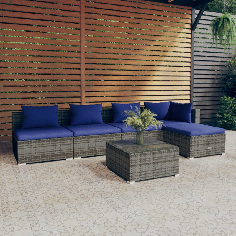 6-tlg. Garten-Lounge-Set mit Kissen Poly Rattan Grau