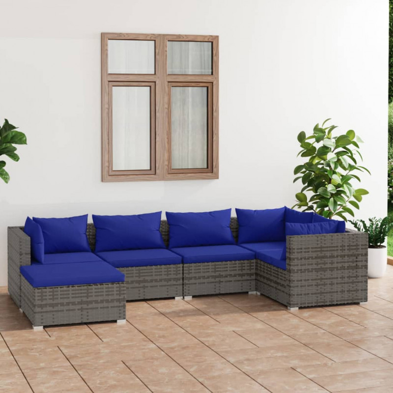 6-tlg. Garten-Lounge-Set mit Kissen Poly Rattan Grau