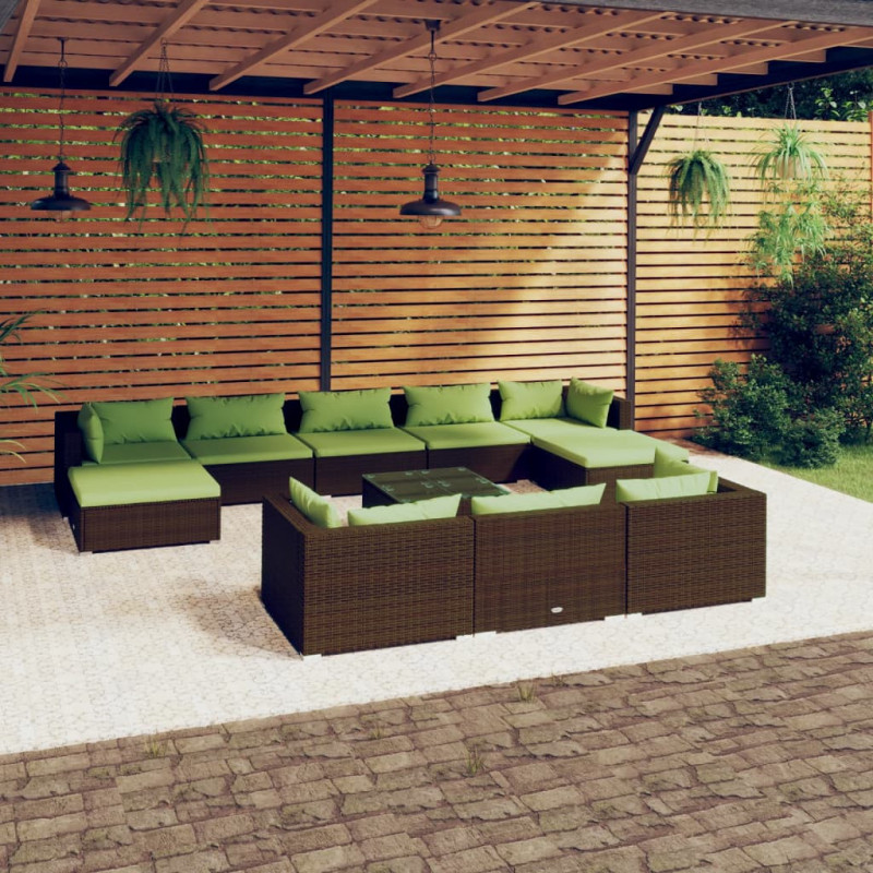 11-tlg. Garten-Lounge-Set mit Kissen Braun Poly Rattan