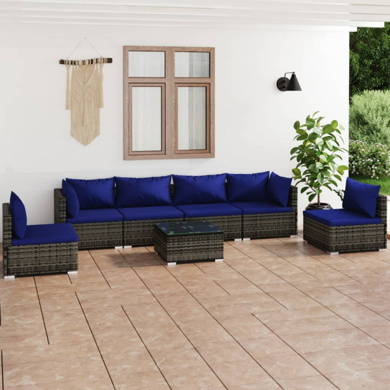 7-tlg. Garten-Lounge-Set mit Kissen Poly Rattan Grau