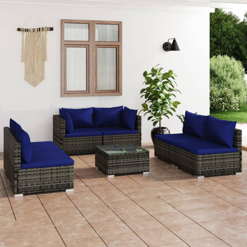 7-tlg. Garten-Lounge-Set mit Kissen Poly Rattan Grau