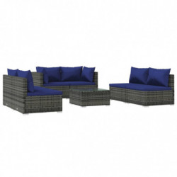 7-tlg. Garten-Lounge-Set mit Kissen Poly Rattan Grau