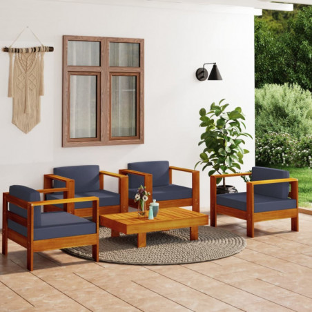 5-tlg. Garten-Lounge-Set mit Dunkelgrauen Kissen Massivholz