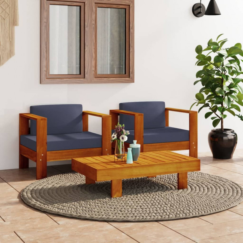 3-tlg. Garten-Lounge-Set mit Dunkelgrauen Kissen Massivholz