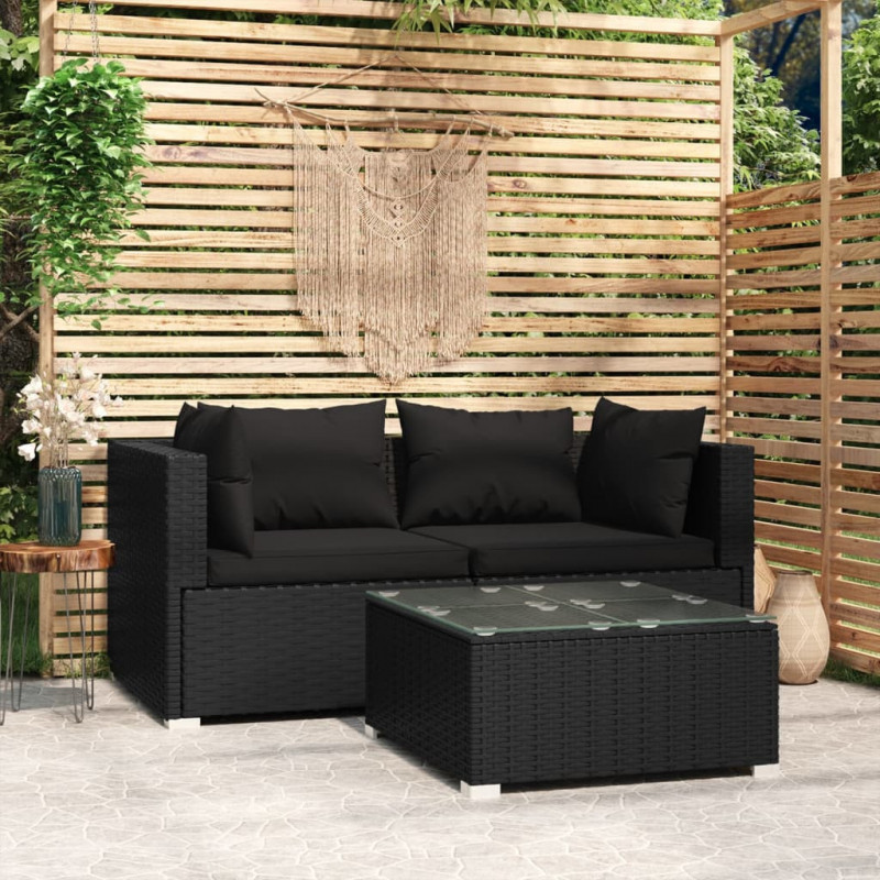 3-tlg. Garten-Lounge-Set mit Auflagen Schwarz Poly Rattan