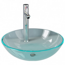 Waschbecken mit Wasserhahn und Ablaufgarnitur aus gehärtetem Klarglas