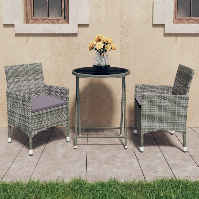 3-tlg. Bistro-Set Christin Poly Rattan und Hartglas Grau