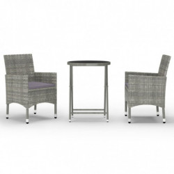 3-tlg. Bistro-Set Christin Poly Rattan und Hartglas Grau