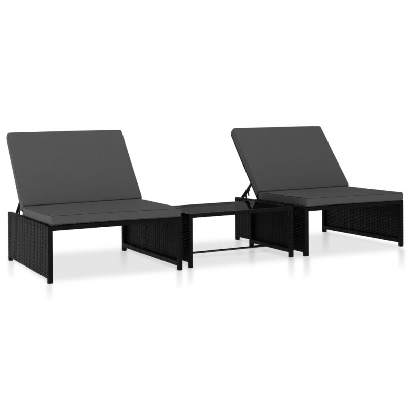 Sonnenliegen 2 Stk. mit Tisch Poly Rattan Schwarz