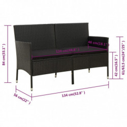 3-Sitzer-Gartensofa mit Kissen Schwarz Poly Rattan