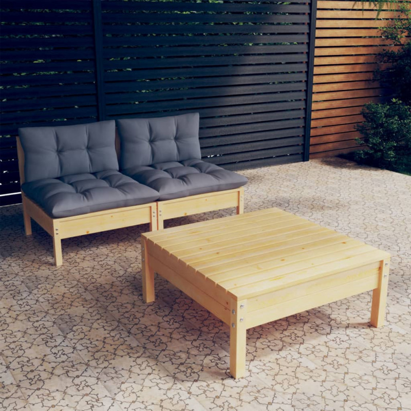 3-tlg. Garten-Lounge-Set Clas mit Grauen Kissen Kiefernholz