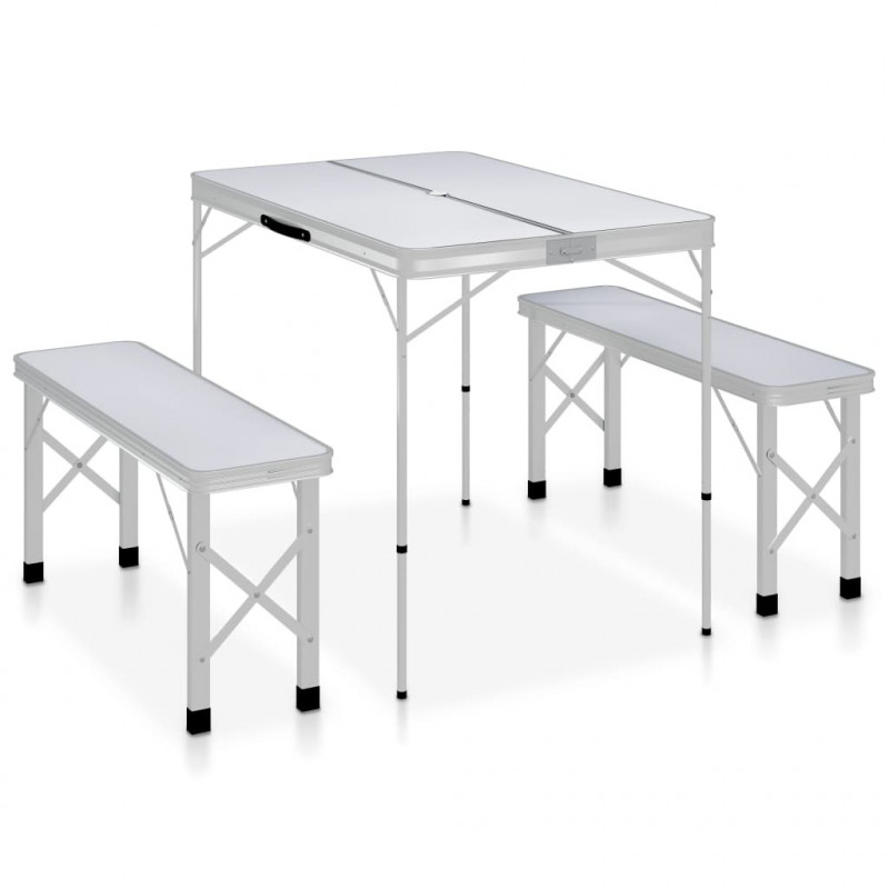 Klappbarer Campingtisch mit 2 Sitzbänken Aluminium Weiß