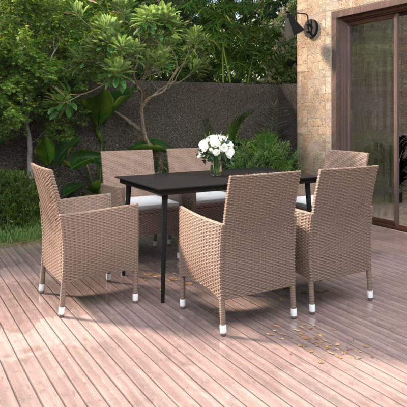 7-tlg. Garten-Essgruppe mit Kissen Poly Rattan und Glas