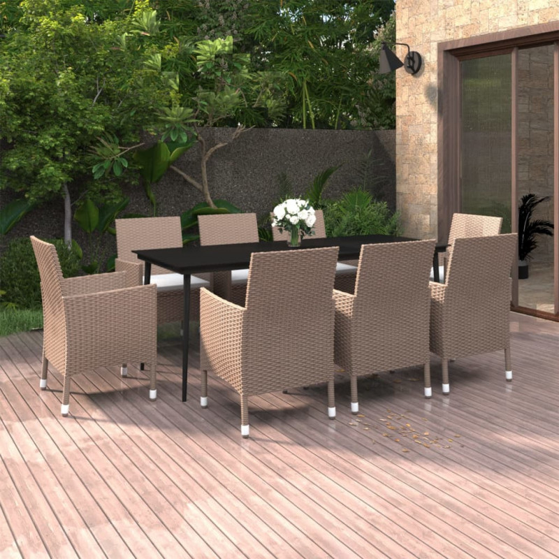 9-tlg. Garten-Essgruppe mit Kissen Poly Rattan und Glas