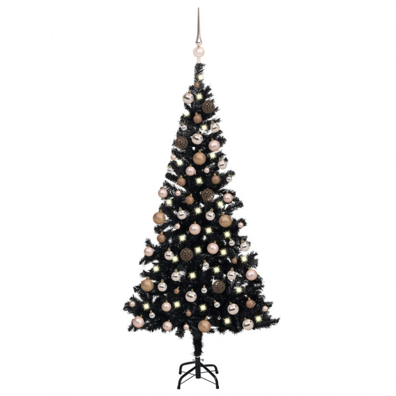 Künstlicher Weihnachtsbaum mit LEDs & Kugeln Schwarz 180cm PVC