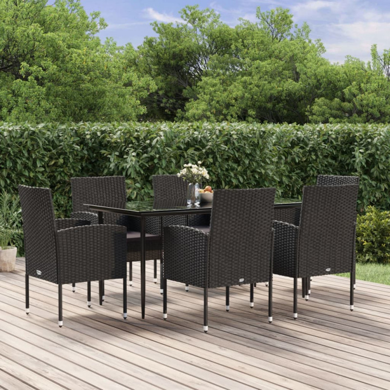 7-tlg. Garten-Essgruppe mit Kissen Schwarz Poly Rattan