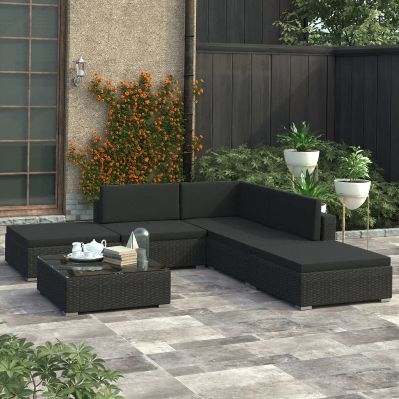 6-tlg. Garten-Lounge-Set mit Kissen Poly Rattan Schwarz