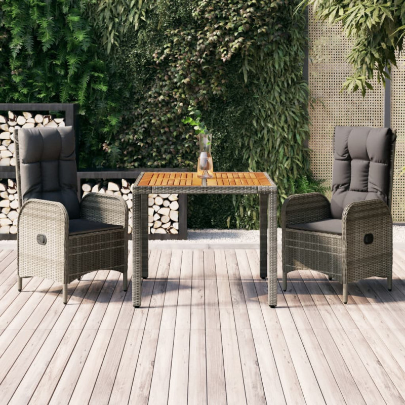 3-tlg. Garten-Lounge-Set mit Kissen Grau Poly Rattan