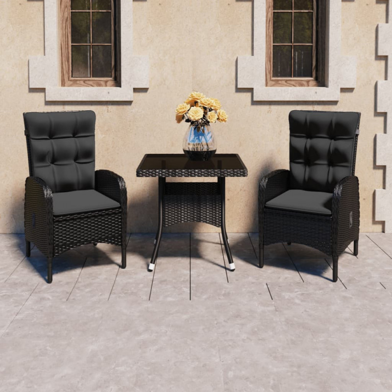 3-tlg. Garten-Essgruppe Poly Rattan und Glas Schwarz