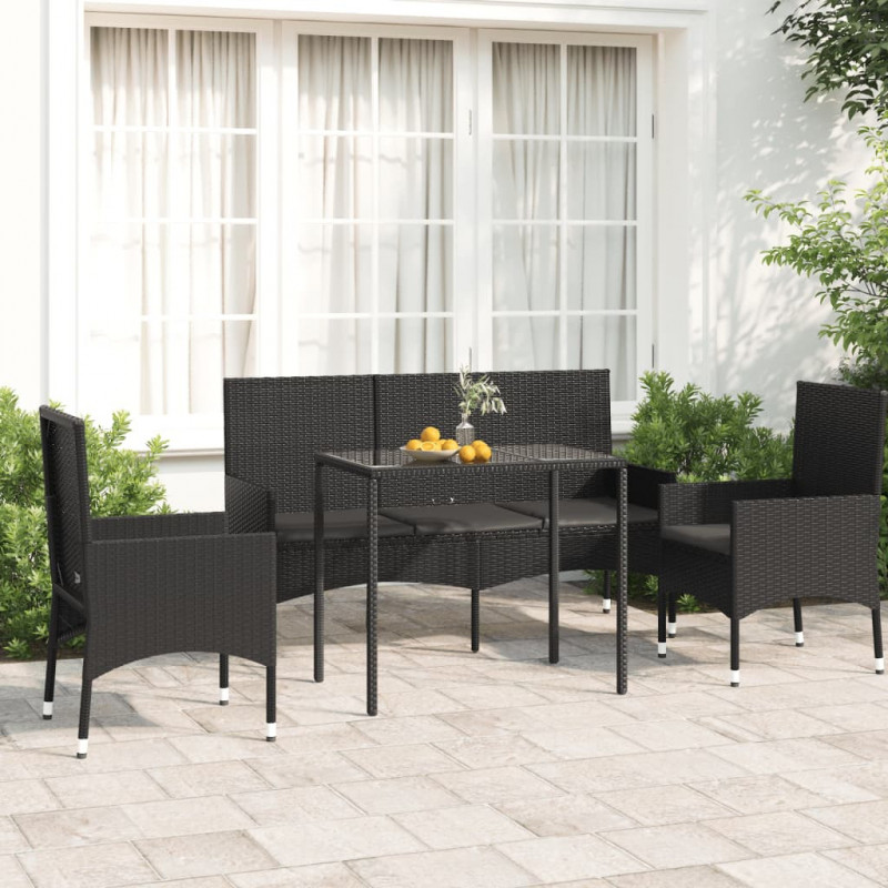 4-tlg. Garten-Lounge-Set mit Kissen Schwarz Poly Rattan