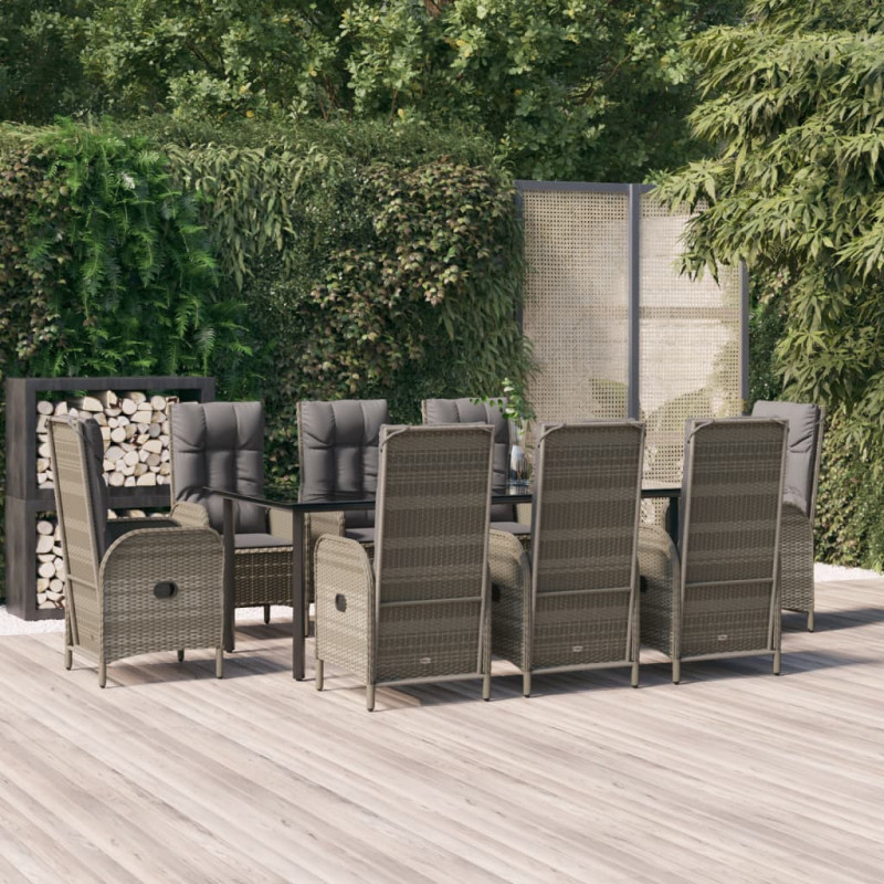 9-tlg. Garten-Lounge-Set mit Kissen Schwarz Grau Poly Rattan