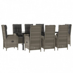 9-tlg. Garten-Lounge-Set mit Kissen Schwarz Grau Poly Rattan