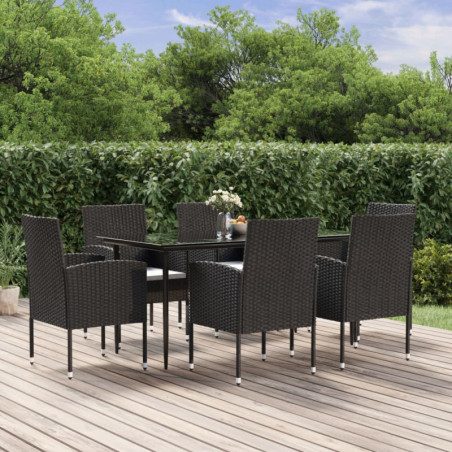 7-tlg. Garten-Essgruppe mit Kissen Schwarz Poly Rattan