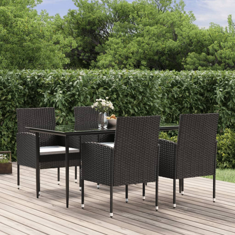 5-tlg. Garten-Essgruppe mit Kissen Schwarz Poly Rattan