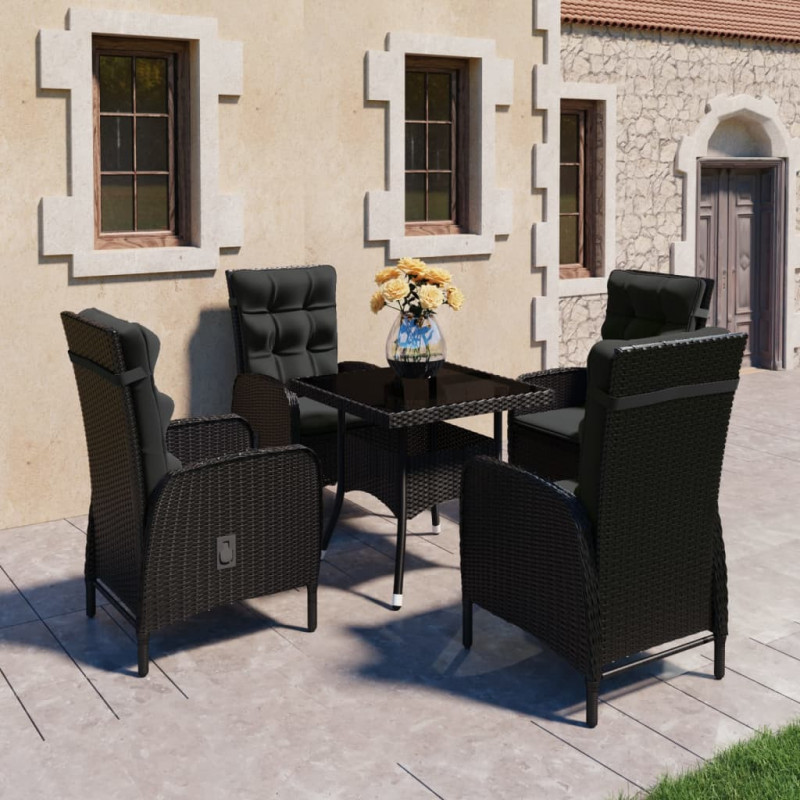 5-tlg. Garten-Essgruppe Poly Rattan und Glas Schwarz