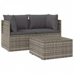 3-tlg. Garten-Lounge-Set mit Kissen Grau Poly Rattan