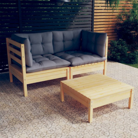 3-tlg. Garten-Lounge-Set Costia mit Grauen Kissen Kiefernholz