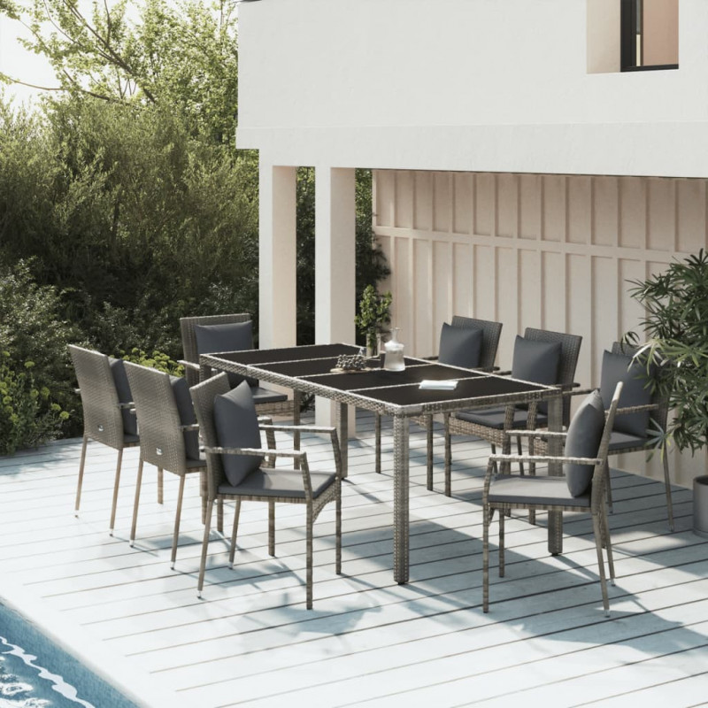 9-tlg. Garten-Essgruppe mit Kissen Grau Poly Rattan