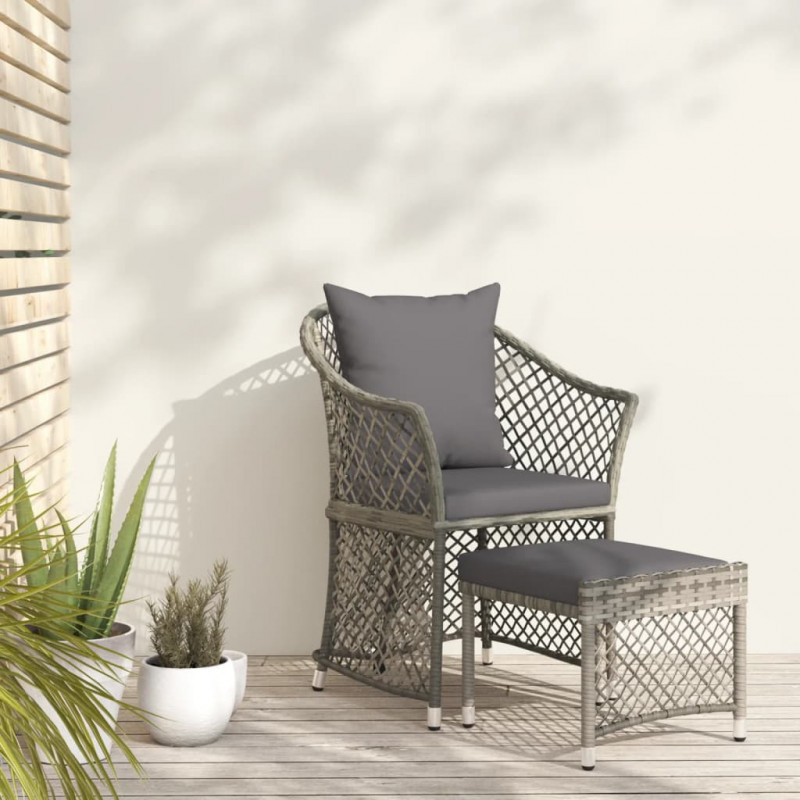 2-tlg. Garten-Lounge-Set mit Kissen Grau Poly Rattan