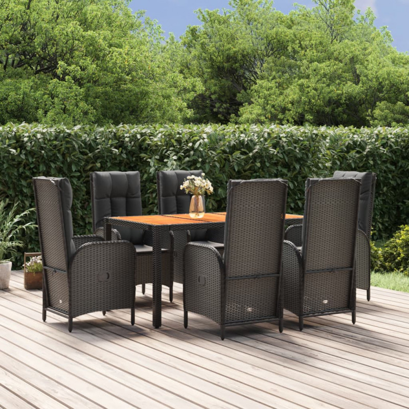 7-tlg. Garten-Essgruppe mit Kissen Schwarz Poly Rattan