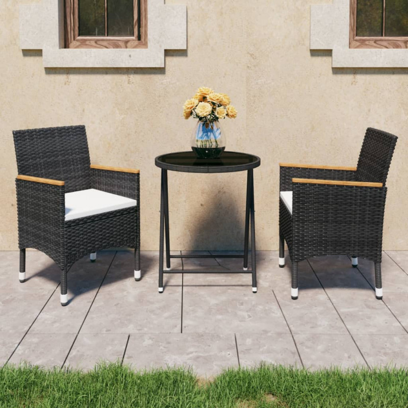 3-tlg. Bistro-Set Damir Poly Rattan und Hartglas Schwarz